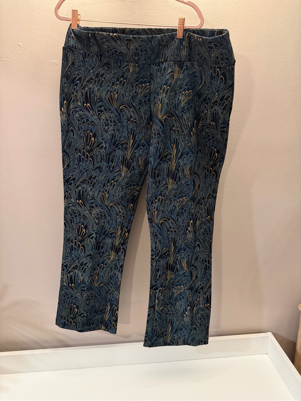 Soft Surroundings Peacock Marbled Swirl Print Crop Flare Pants Blue Gold 1X